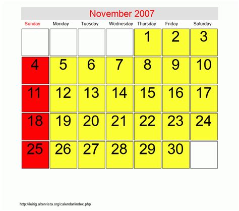 Calendar Of 2007 November